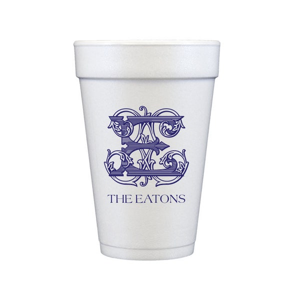Vintage monogram cup, Personalized foam cups, Customizable cups, Housewarming cups, Monogrammed cups, Personalized gift idea