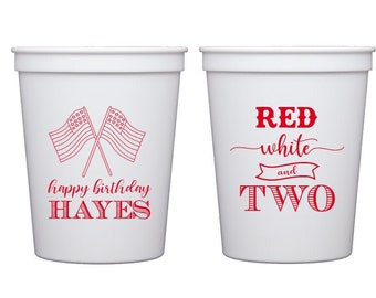 Red white and two, Summer birthday, patriotic birthday, personalized birthday cups, Patriotic theme, Patriotic favor, Kids birthday cups