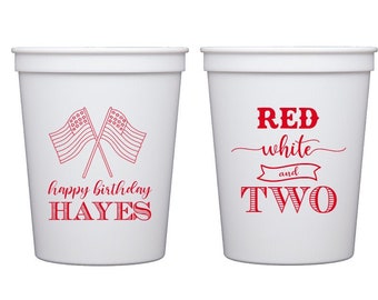 Red white and two, Summer birthday, patriotic birthday, personalized birthday cups, Patriotic theme, Patriotic favor, Kids birthday cups