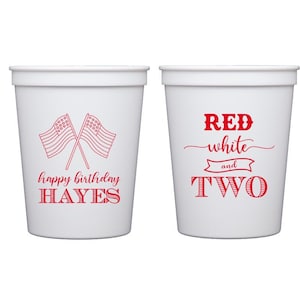 Red white and two, Summer birthday, patriotic birthday, personalized birthday cups, Patriotic theme, Patriotic favor, Kids birthday cups