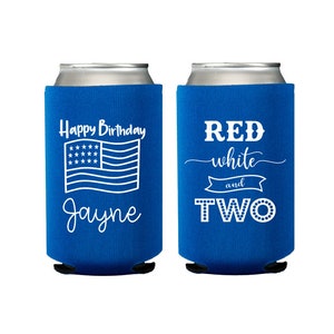 4th of July birthday, Red white and two, Red white and blue birthday favor, Second birthday party favor, Personalized can cooler