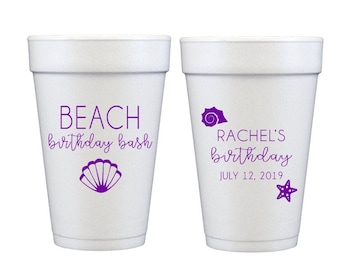 Beach birthday cups, Personalized birthday cups, Personalized foam cups, Adult birthday cups, Adult birthday favor, Beach trip cups