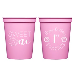 Sweet one, Donut birthday, First birthday cups, Donut first birthday favor, Personalized plastic cups, Personalized birthday cups, pink cups