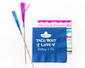 Taco bout love, Taco theme shower, Taco theme party, Personalized napkins, Wedding shower napkins, Fiesta theme, Fiesta party napkins