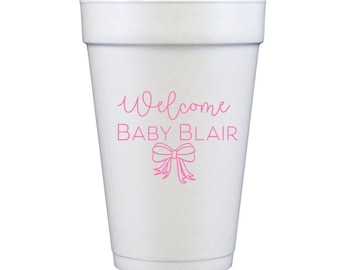 Baby shower cups, Baby girl shower cups, Baby shower favor, Personalized foam cups, Bow theme shower, Pink bow decor, Pink bow favor