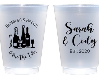 Bubbles and brews before the i dos, Stock the bar party, Bubbles and brews cups, Personalized wedding shower cups, engagement party cups