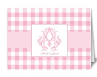 Monogrammed stationery, Monogrammed notecards, Pink gingham stationery, Gingham cards, Gingham folded notecards, Vintage monogram