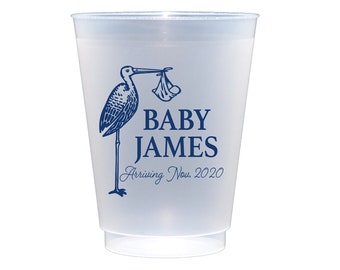 Baby shower cups, Baby boy shower decor, Baby boy shower favor, Personalized shower cups, Stork baby shower decor, It's a boy, Frosted cups