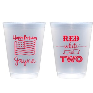 Red white and two, Red white and blue birthday, 4th of July birthday cups, July birthday party favor, Personalized birthday cups, Flag cups