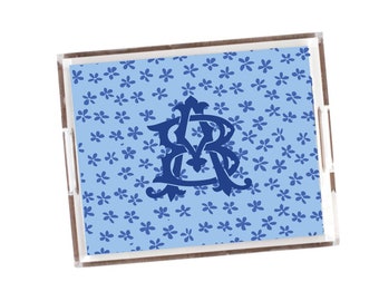 Floral tray, Monogrammed tray, Acrylic tray with insert, Personalized tray, Lucite tray, Acrylic decor, Custom tray, Blue floral print tray