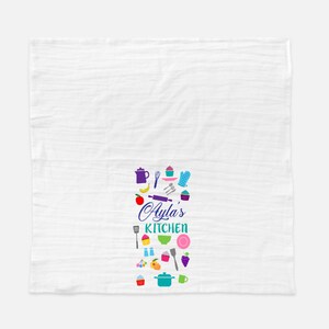 Personalized tea towel, Play kitchen accessory, Toddler kitchen accessory, Custom Kid Kitchen tea towel, Toddler gift idea, Flour sac towel image 5