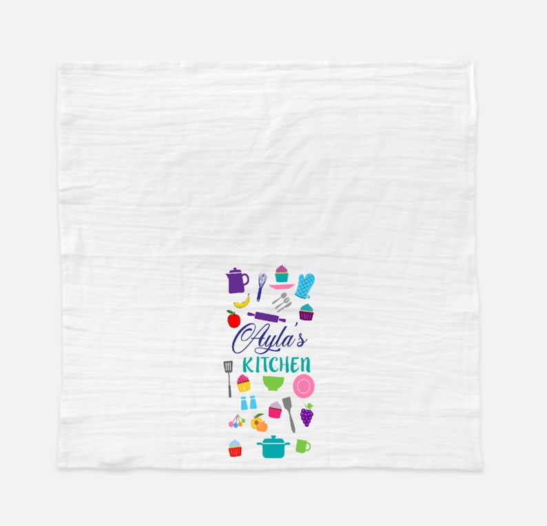 Personalized tea towel, Play kitchen accessory, Toddler kitchen accessory, Custom Kid Kitchen tea towel, Toddler gift idea, Flour sac towel image 5