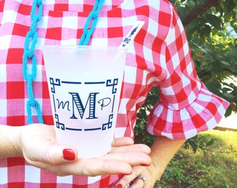 Personalized plastic cups, Monogrammed shatterproof cups, Personalized shatterproof cups, Custom party cups, Greek key, Frosted plastic cups