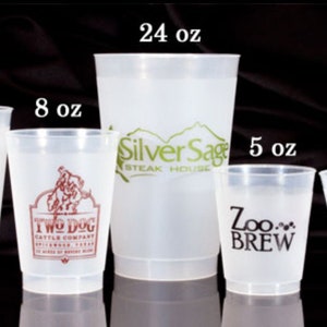 May include: A set of ten clear plastic cups with various sizes ranging from 5 to 24 ounces. Each cup has a different logo printed on it, including "Go Fish Restaurant", "Grande Bank", "Two Dog", "Silver Sage", "Zoom Brew", "Vinny's Pizza and Pub", "Leming's Irish Pub", and "Bo Bun".