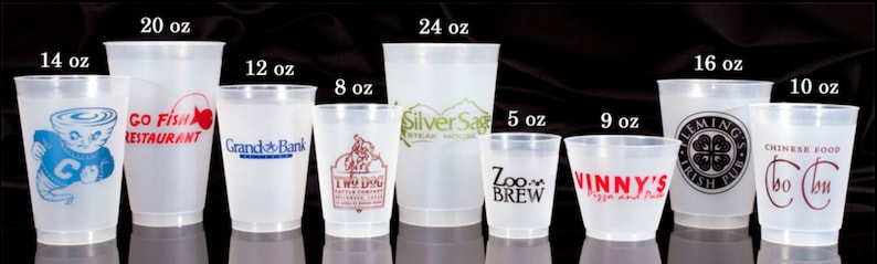 May include: A set of ten clear plastic cups with various sizes ranging from 5 to 24 ounces. Each cup has a different logo printed on it, including "Go Fish Restaurant", "Grande Bank", "Two Dog", "Silver Sage", "Zoom Brew", "Vinny's Pizza and Pub", "Leming's Irish Pub", and "Bo Bun".