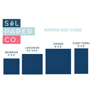 May include: Napkin size guide from S&L Paper Co. showing four different sizes of napkins: beverage (5" x 5"), luncheon (6.5" x 6.5"), dinner (8" x 8"), and guest towel (8" x 8").