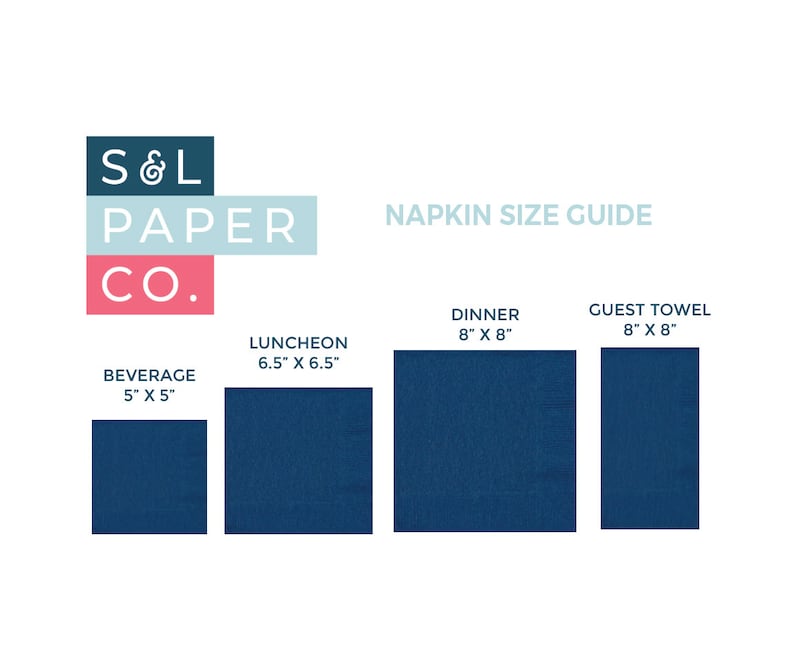 May include: Napkin size guide from S&L Paper Co. showing four different sizes of napkins: beverage (5" x 5"), luncheon (6.5" x 6.5"), dinner (8" x 8"), and guest towel (8" x 8").