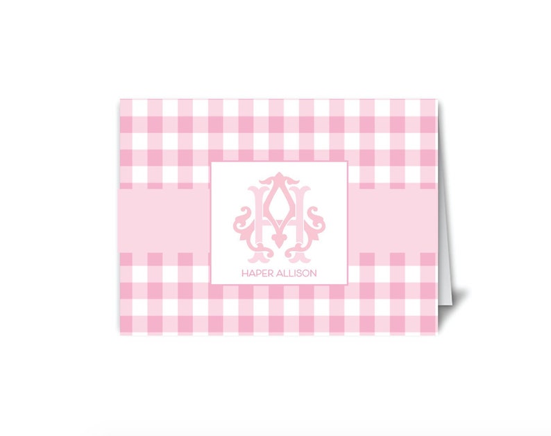 Monogrammed stationery, Monogrammed notecards, Pink gingham stationery, Gingham cards, Gingham folded notecards, Vintage monogram image 1