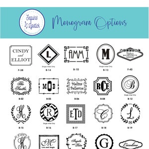 May include: A chart of 24 different monogram options for customizing items. The options include various fonts, styles, and layouts. Some options include names and initials.