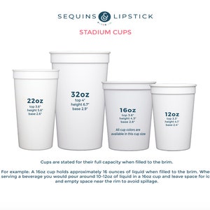 May include: Five white plastic stadium cups of different sizes, labeled with their capacity in ounces. The cups are 12oz, 16oz, 22oz, and 32oz. The text on the cups also includes the top diameter, height, and base diameter in inches. The text "Cups are stated for their full capacity when filled to the brim." is below the cups. The text "For example: A 16oz cup holds approximately 16 ounces of liquid when filled to the brim. When serving a beverage you would pour around 10-12oz of liquid in a 16oz cup and leave space for ice and empty space near the rim to avoid spillage." is below the text.