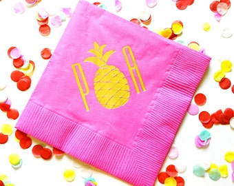 pineapple napkins, monogrammed napkins, personalized party napkins, bar cart napkins, gold foil napkins, pineapple gift