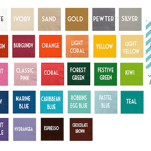 May include: A chart of 40 different napkin colors, including black, white, ivory, sand, gold, pewter, silver, red, pumpkin, burgundy, orange, light coral, yellow, light yellow, magenta, bright pink, classic pink, coral, forest green, festive green, kiwi, leaf green, navy, marine blue, caribbean blue, robbins egg blue, pastel blue, teal, purple, bright purple, hydrangea, espresso, chocolate brown. The chart is titled "Napkin Colors" and is from the company "Sequins & Lipstick".