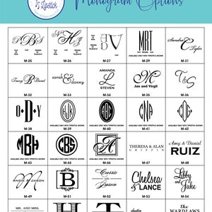May include: A chart of monogram options for a wedding or other special event. The chart shows different styles of monograms, including initials, full names, and combinations of both. Each monogram is labeled with a number, and the chart includes a description of the monogram style.