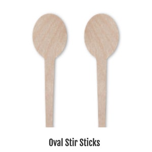 May include: Three sets of wooden stir sticks in different shapes: round, oval, and rectangular. The sticks are all natural wood colour and have a smooth finish.