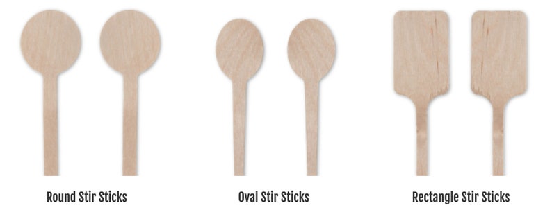 May include: Three sets of wooden stir sticks in different shapes: round, oval, and rectangular. The sticks are all natural wood colour and have a smooth finish.