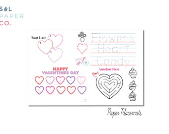 Valentines paper placemats, Valentine's Day paper placemats, Valentines activity mat, Valentine coloring sheet, Valentines party decor