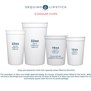 May include: Five white plastic stadium cups of different sizes, labeled with their capacity in ounces. The cups are 12oz, 16oz, 22oz, and 32oz. The text on the cups also includes the top diameter, height, and base diameter in inches. The text "Cups are stated for their full capacity when filled to the brim." is below the cups. The text "For example: A 16oz cup holds approximately 16 ounces of liquid when filled to the brim. When serving a beverage you would pour around 10-12oz of liquid in a 16oz cup and leave space for ice and empty space near the rim to avoid spillage." is below the text.