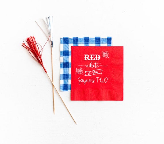 Red white and two, Red white and blue birthday, Patriotic birthday, Summer birthday, Personalized birthday napkins, 4th of July birthday