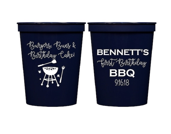 BBQ birthday cups, Burger Buns & Birthday Cake, First birthday party, Personalized cups, BBQ party cups, Cookout party cups, Custom cups