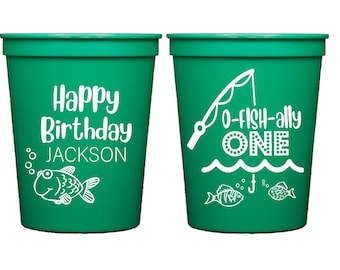 First birthday cups, Fishing birthday party cups, Fishing party cups, Fishing birthday favor, Fish birthday decor, Personalized plastic cups