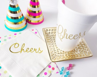 Cheers napkins, foil stamped napkins, gold napkins, colorful cocktail napkins, cheers beverage napkins