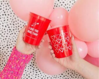 Valentines party decor, Valentines party cups, Valentines cups, Heart cups, Custom plastic cups, Valentines party favor, I love you more