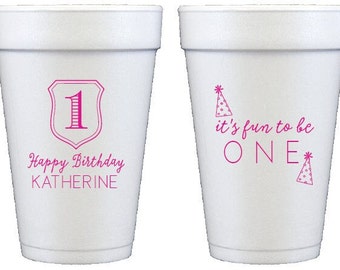 First birthday cups, It's fun to be one, Kids birthday cups, Pink first birthday decor, First birthday favor, Party hat decor, Custom cups