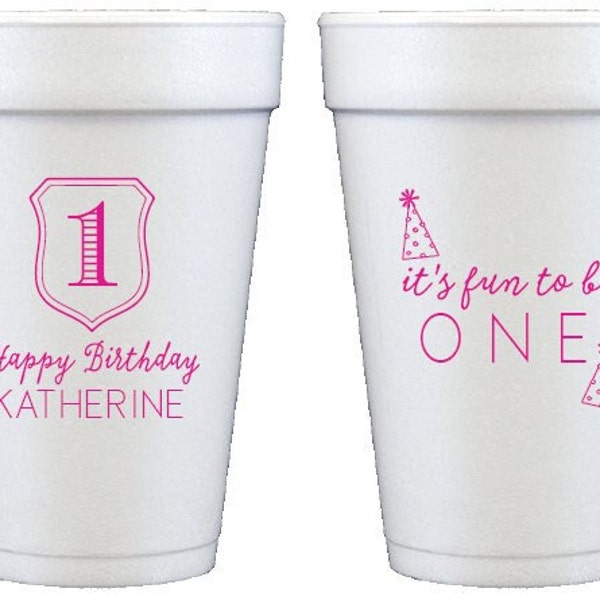 First birthday cups, It's fun to be one, Kids birthday cups, Pink first birthday decor, First birthday favor, Party hat decor, Custom cups