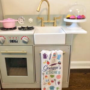 Personalized tea towel, Play kitchen accessory, Toddler kitchen accessory, Custom Kid Kitchen tea towel, Toddler gift idea, Flour sac towel image 3