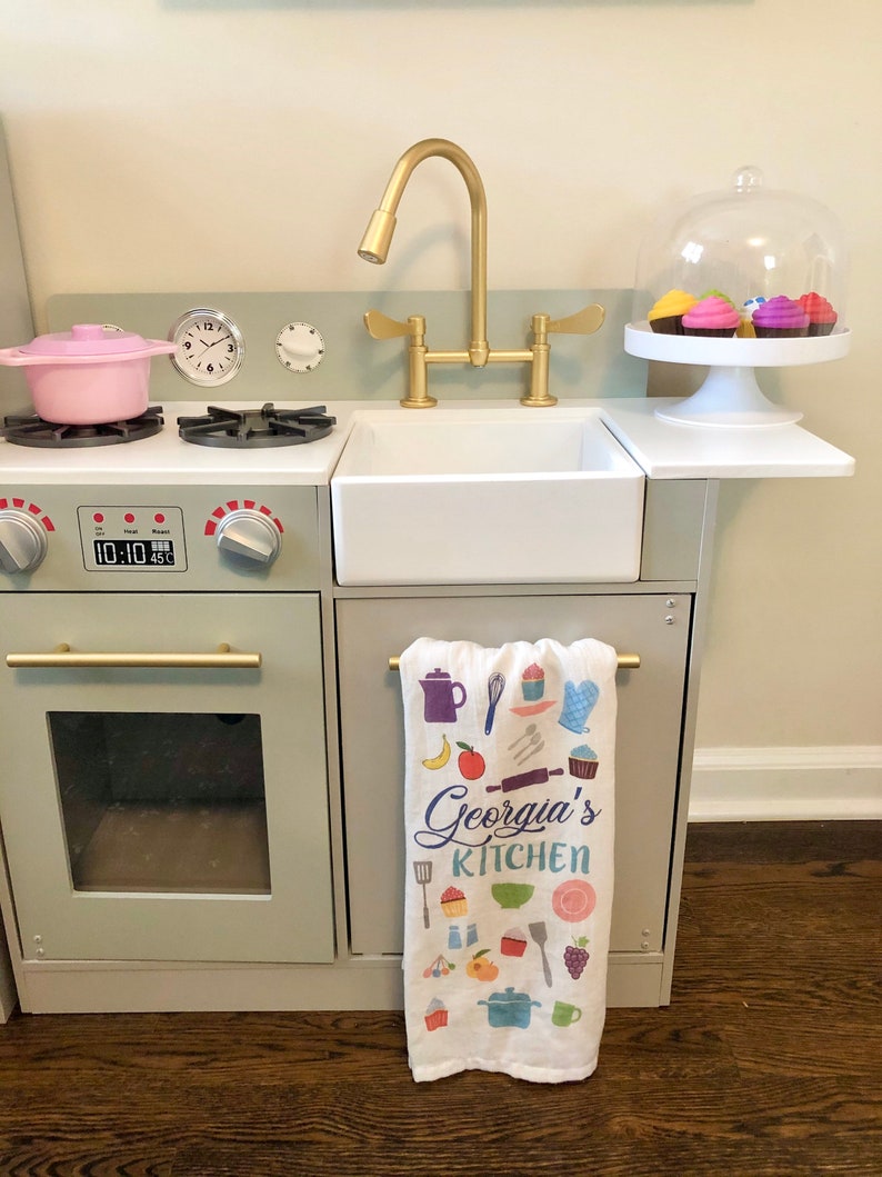 Personalized tea towel, Play kitchen accessory, Toddler kitchen accessory, Custom Kid Kitchen tea towel, Toddler gift idea, Flour sac towel image 3