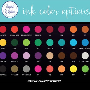 May include: A chart of ink colors with names and numbers for each color. The colors are arranged in rows and columns. The colors include red, yellow, green, blue, purple, violet, black, white, gray, gold, silver, and orange.