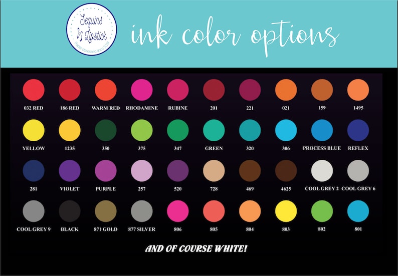 May include: A chart of ink colors with names and numbers for each color. The colors are arranged in rows and columns. The colors include red, yellow, green, blue, purple, violet, black, white, gray, gold, silver, and orange.