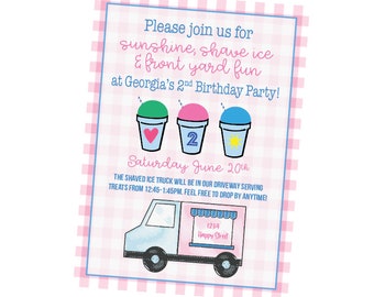 May include: A pink and blue invitation with a white gingham background. The invitation is for a 2nd birthday party with a shaved ice theme. The text reads "Please join us for sunshine, shave ice & front yard fun at Georgia's 2nd Birthday Party! Saturday June 20th. The shaved ice truck will be in our driveway serving treats from 12:45-1:45PM. Feel free to drop by anytime! 1234 Happy Street."