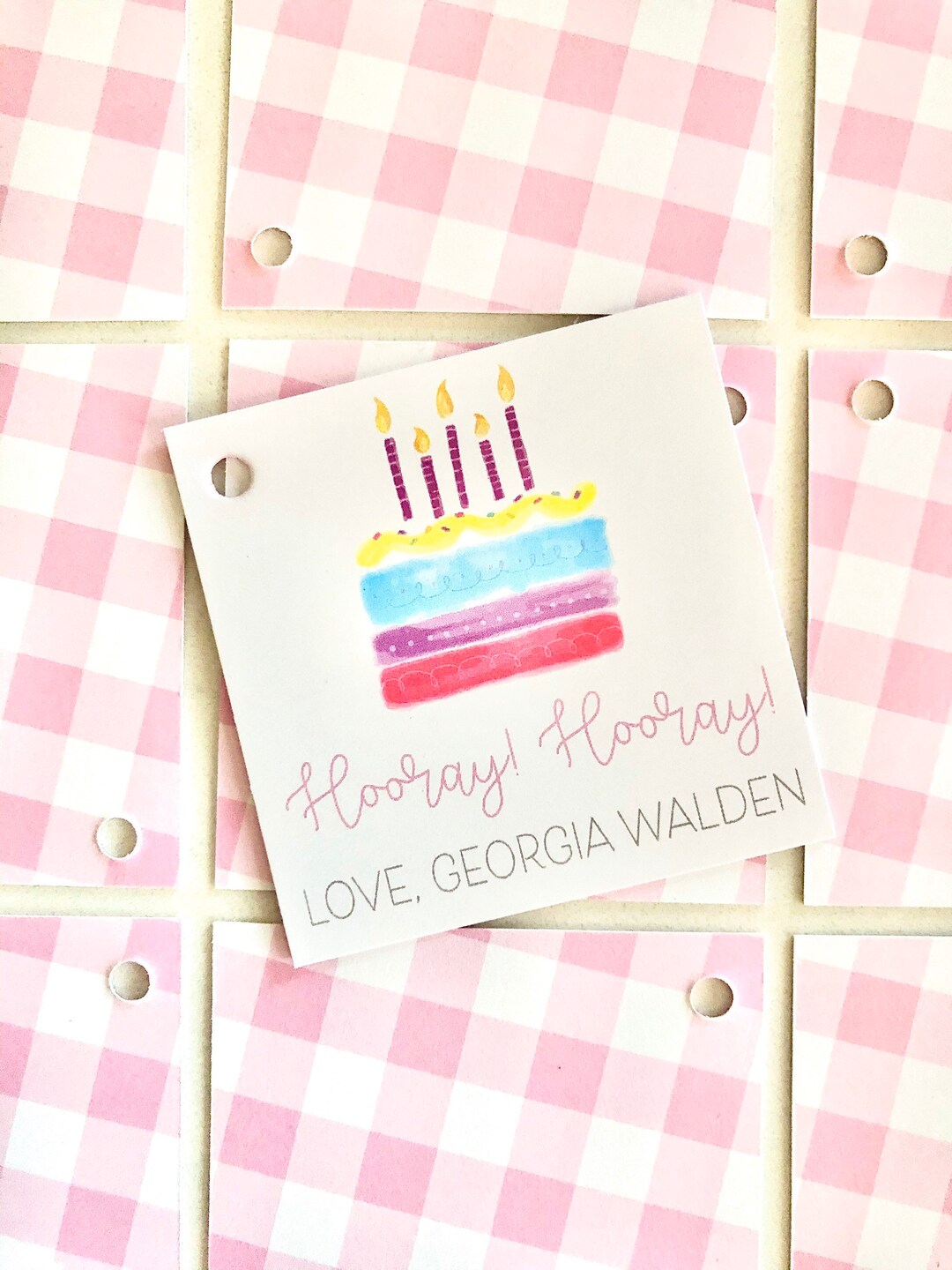 Gingham Gift Tags, Personalized Enclosure Cards, Pink Gingham Stationery, Birthday Gift Tag ...