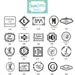 May include: A collection of 24 different black and white monogram designs for wedding invitations, save the dates, and other stationery. The designs feature various fonts, styles, and layouts, including single initials, full names, and wedding dates.