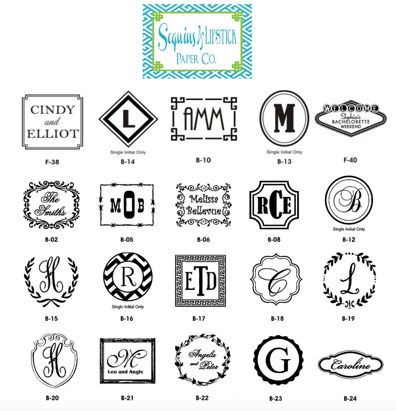 May include: A collection of 24 different black and white monogram designs for wedding invitations, save the dates, and other stationery. The designs feature various fonts, styles, and layouts, including single initials, full names, and wedding dates.