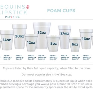 May include: A set of white foam cups in various sizes, ranging from 4 ounces to 32 ounces. The cups are labeled with their capacity in ounces. The text "FOAM CUPS" is displayed at the top of the image. The text "Cups are listed by their full liquid capacity, when filled to the brim." is displayed below the cups. The text "Our most popular size is the 16oz cup." is displayed below the previous text. The text "For example: A 16oz cup holds approximately 16 ounces of liquid when filled to the brim. When serving a beverage you would pour around 10-12oz of liquid in a 16oz cup and leave space for ice and empty space near the rim to avoid spillage." is displayed below the previous text.