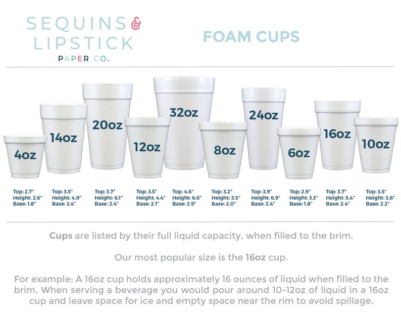May include: A set of white foam cups in various sizes, ranging from 4 ounces to 32 ounces. The cups are labeled with their capacity in ounces. The text "FOAM CUPS" is displayed at the top of the image. The text "Cups are listed by their full liquid capacity, when filled to the brim." is displayed below the cups. The text "Our most popular size is the 16oz cup." is displayed below the previous text. The text "For example: A 16oz cup holds approximately 16 ounces of liquid when filled to the brim. When serving a beverage you would pour around 10-12oz of liquid in a 16oz cup and leave space for ice and empty space near the rim to avoid spillage." is displayed below the previous text.
