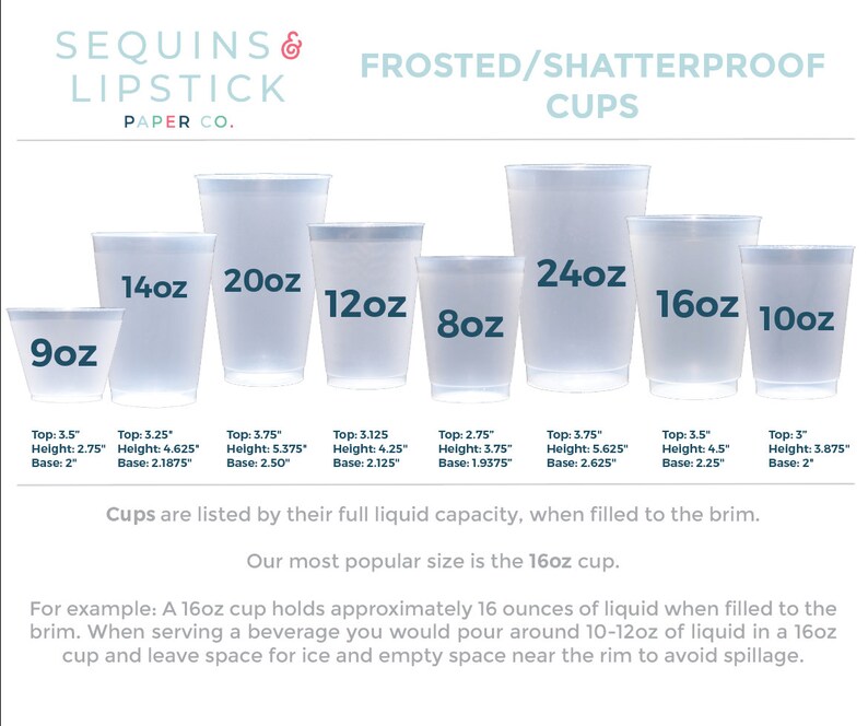 May include: A set of frosted, shatterproof plastic cups in various sizes, ranging from 9 ounces to 24 ounces. The cups are clear and have a smooth, frosted finish. The text "SEQUINS & LIPSTICK PAPER CO." is at the top of the image. The text "FROSTED/SHATTERPROOF CUPS" is below the text "SEQUINS & LIPSTICK PAPER CO.". The text "Cups are listed by their full liquid capacity, when filled to the brim." is below the cups. The text "Our most popular size is the 16oz cup." is below the text "Cups are listed by their full liquid capacity, when filled to the brim.". The text "For example: A 16oz cup holds approximately 16 ounces of liquid when filled to the brim. When serving a beverage you would pour around 10-12oz of liquid in a 16oz cup and leave space for ice and empty space near the rim to avoid spillage." is below the text "Our most popular size is the 16oz cup."