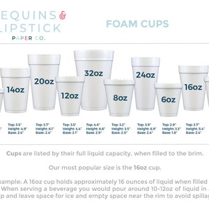 May include: A set of white foam cups in various sizes, ranging from 4 ounces to 32 ounces. The cups are labeled with their capacity in ounces. The text "FOAM CUPS" is displayed at the top of the image. The text "Cups are listed by their full liquid capacity, when filled to the brim." is displayed below the cups. The text "Our most popular size is the 16oz cup." is displayed below the previous text. The text "For example: A 16oz cup holds approximately 16 ounces of liquid when filled to the brim. When serving a beverage you would pour around 10-12oz of liquid in a 16oz cup and leave space for ice and empty space near the rim to avoid spillage." is displayed below the previous text.